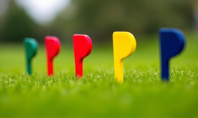 A set of colorful golf field markers on a vibrant green.